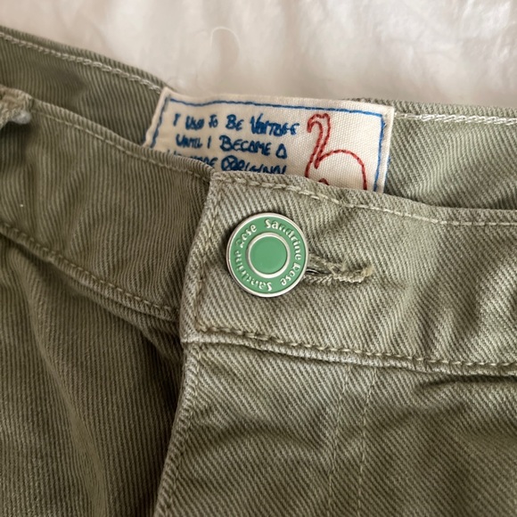 Vintage Repurposed Sandrine Rose Denim Green Shorts with Patches Handmade Design - Picture 2 of 5